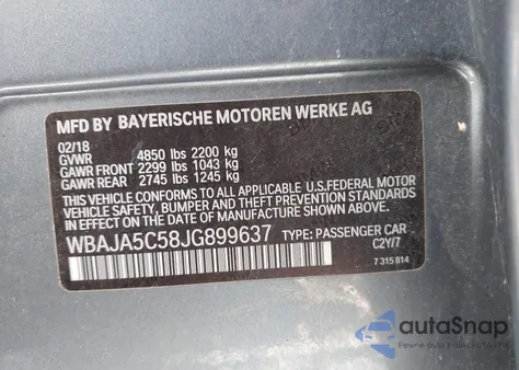 2018 BMW 530I z USA, uszkodzony, nr VIN WBAJA5C58JG899637